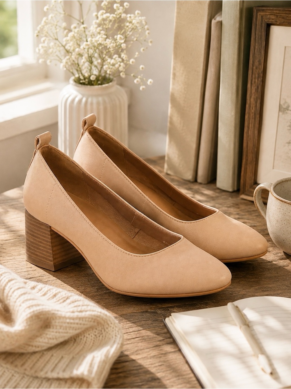 Crown Vintage Clayton Tan Nude Block Heel Leather Pumps Size 8.5